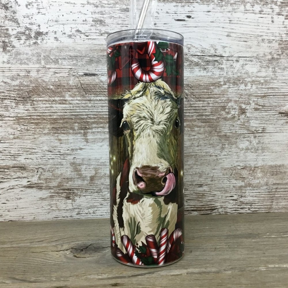 Christmas Cow 20 oz Skinny Tumbler with Straw & Lid - Candy Cane Design